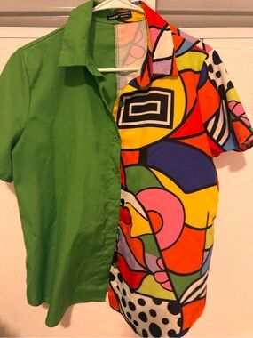 SHEIN Green & Multicolor Abstract Panel Shirt Dress